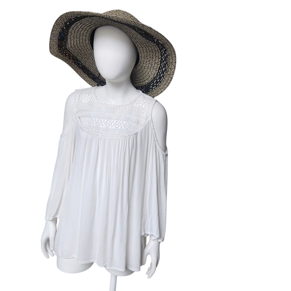 Knox Rose White Rayon Cottagecore Blouse-Crochet & Eyelet Detail-Cold Shoulder S